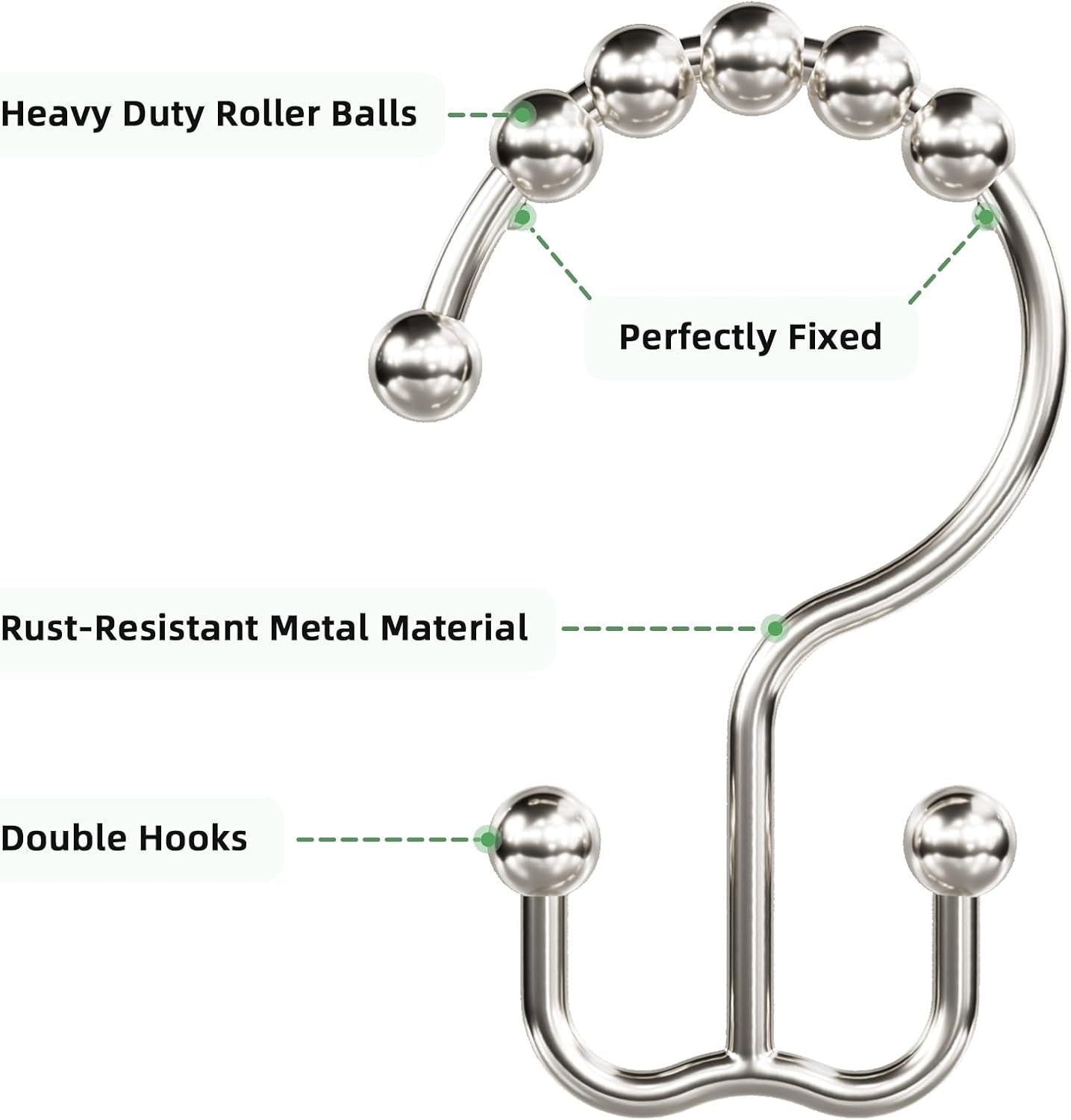 Shower Curtain Hooks, Rust-Resistant Metal Double Shower Curtain Rings for Curtain Rolling Shower Hooks, 12PCS Shower Rings for Bathroom Shower Curtain Rod, Nickel