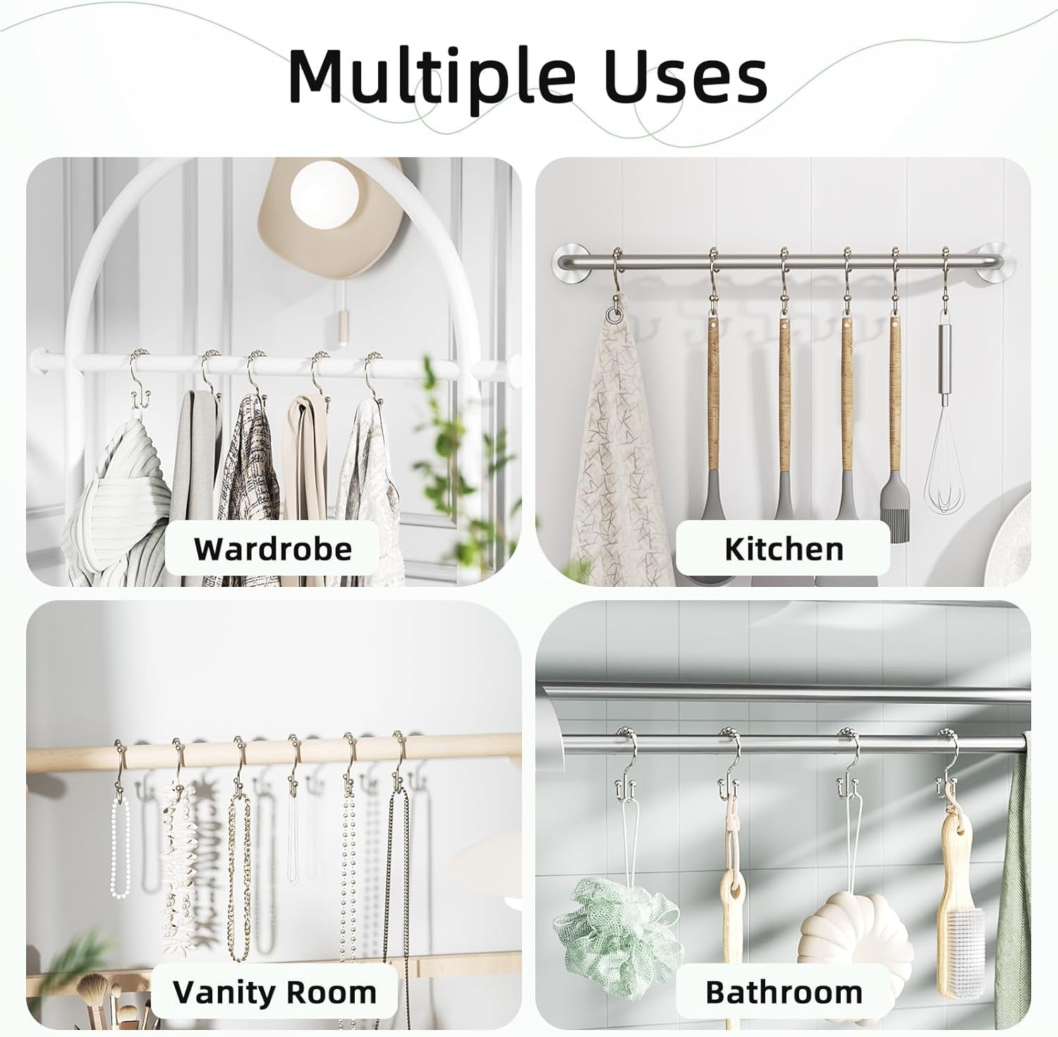 Shower Curtain Hooks, Rust-Resistant Metal Double Shower Curtain Rings for Curtain Rolling Shower Hooks, 12PCS Shower Rings for Bathroom Shower Curtain Rod, Nickel