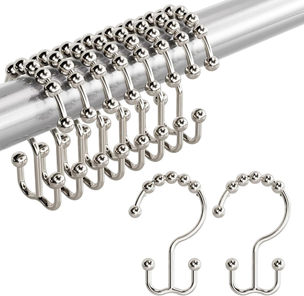 Shower Curtain Hooks, Rust-Resistant Metal Double Shower Curtain Rings for Curtain Rolling Shower Hooks, 12PCS Shower Rings for Bathroom Shower Curtain Rod, Nickel